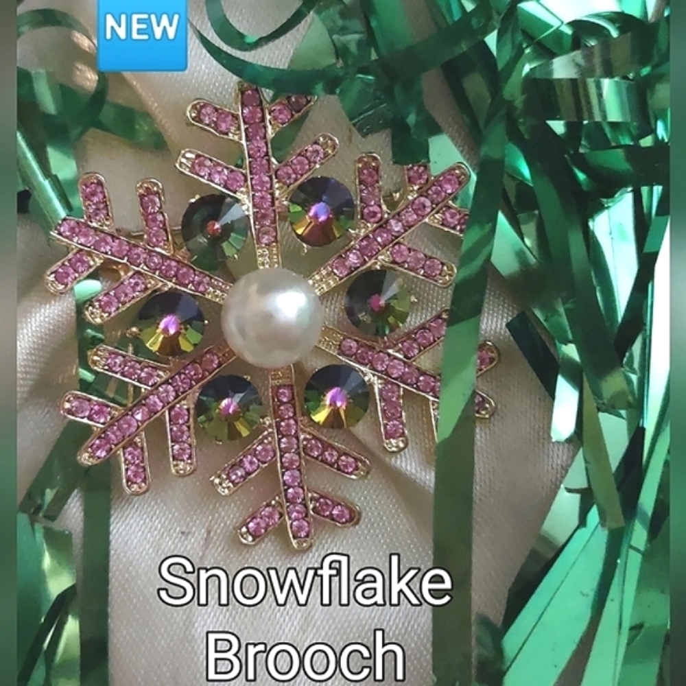 Goldtone Snowflake Brooch w/Pink Rainbow Iridescent Crystals